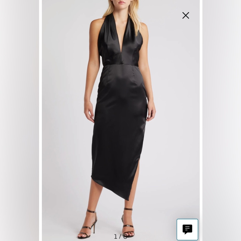 NWT- Glamorous Desires Asymmetric Satin Halter Dress, size s